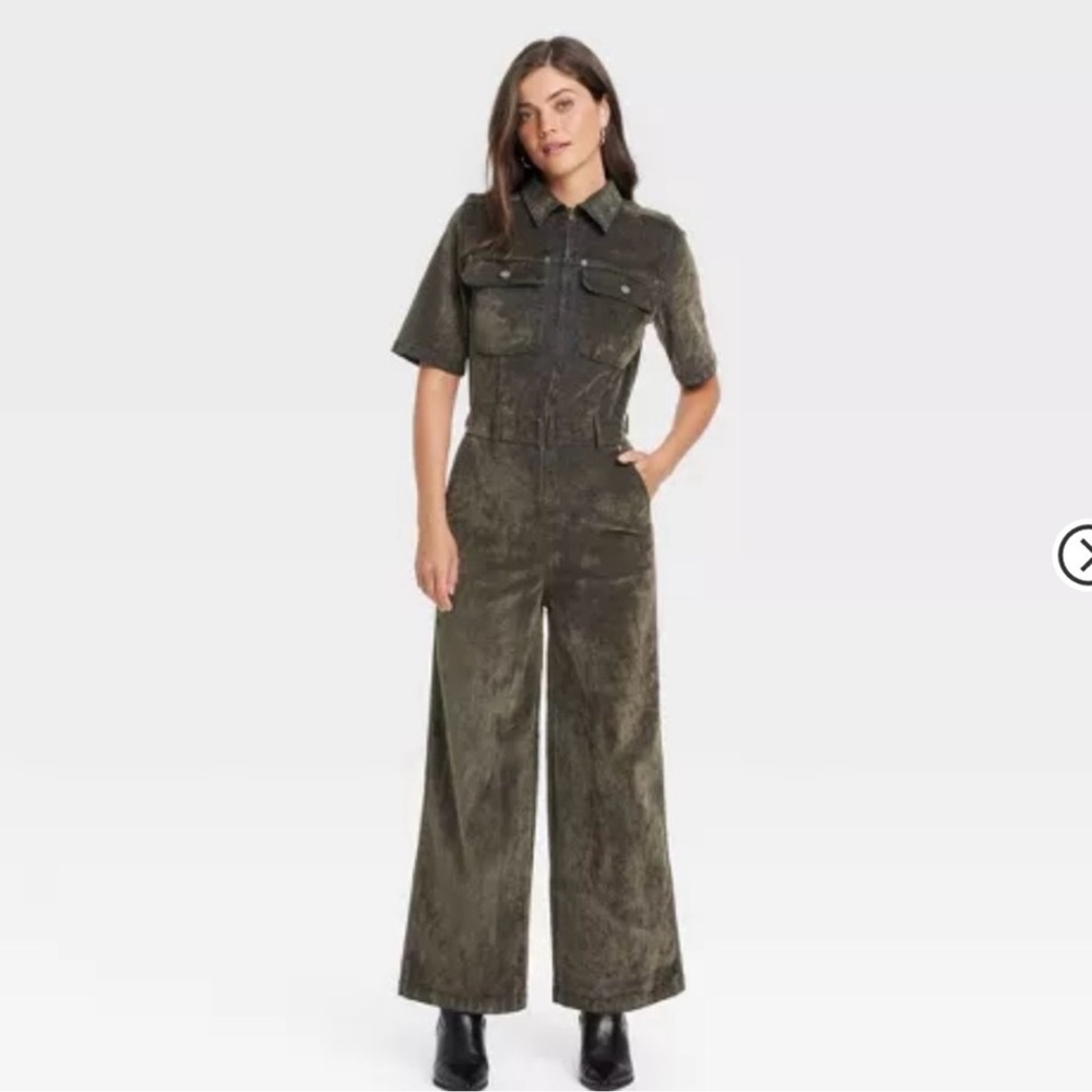 Universal Thread Olive Green Short-Sleeve Wide-Leg Jumpsuit